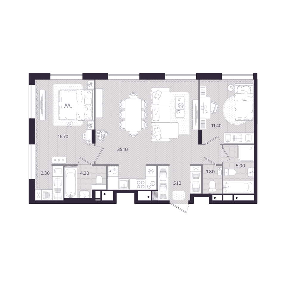 Планировка: Евротрешка 82.6 м² в ЖК Монео, Центр