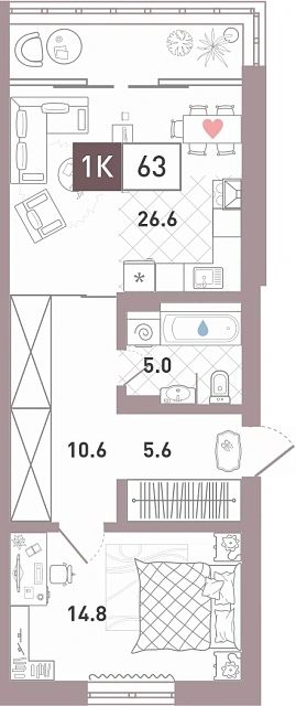 Планировка: 1-комнатная 62.7 м² в ЖК Престиж, От Ожогина до Патрушева