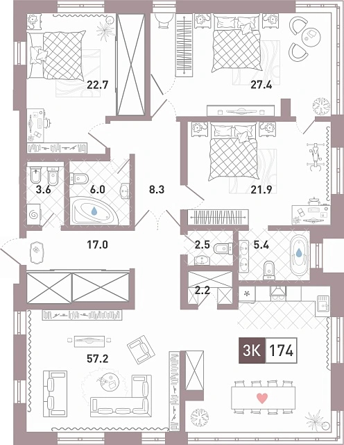 Планировка: 3-комнатная 174.2 м² в ЖК Престиж, От Ожогина до Патрушева
