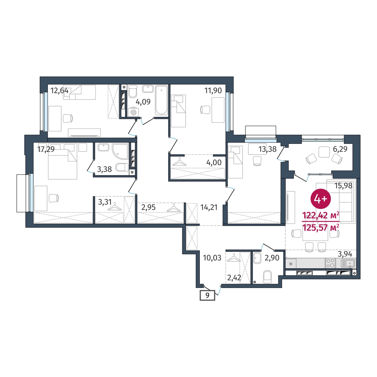 Планировка: 5-комнатная евро 122.4 м² в ЖК Этика, 5-й Заречный
