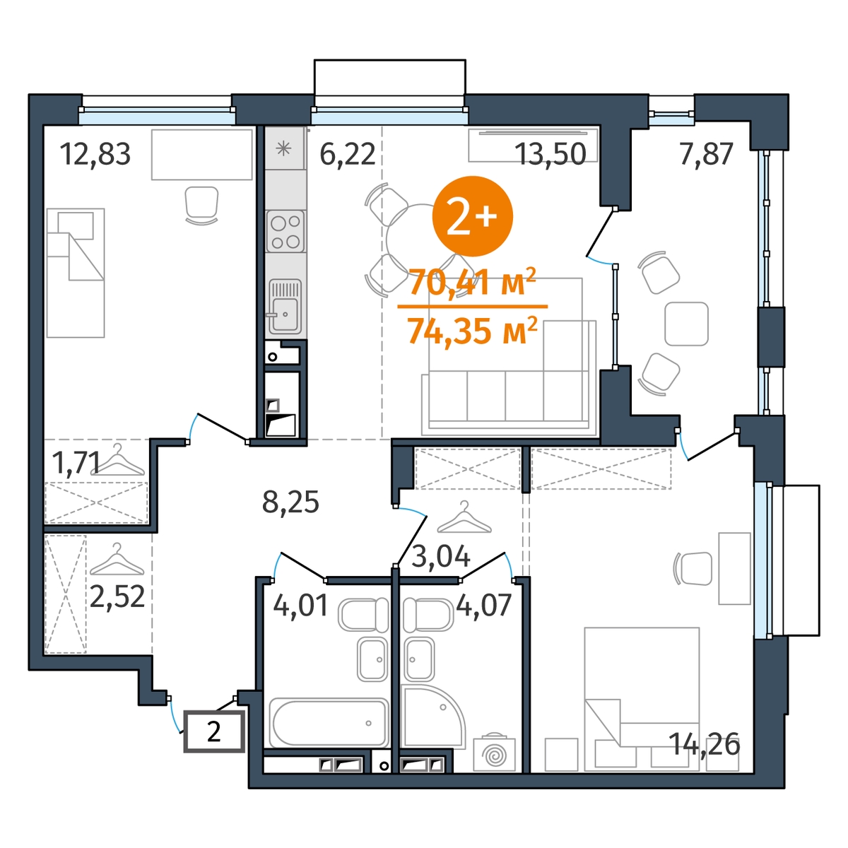 Планировка: Евротрешка 70.4 м² в ЖК Этика, 5-й Заречный