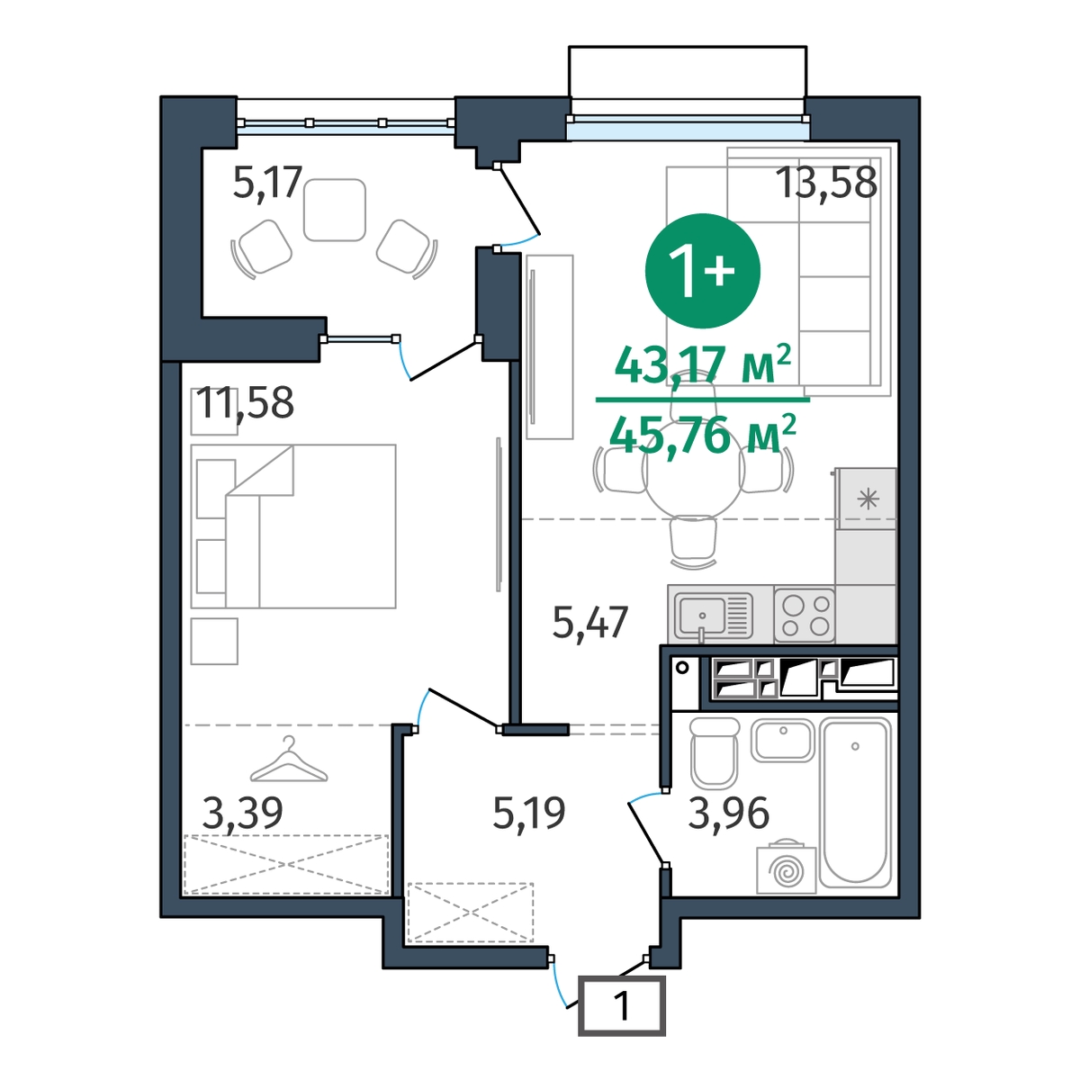 Планировка: Евродвушка 43.2 м² в ЖК Этика, 5-й Заречный