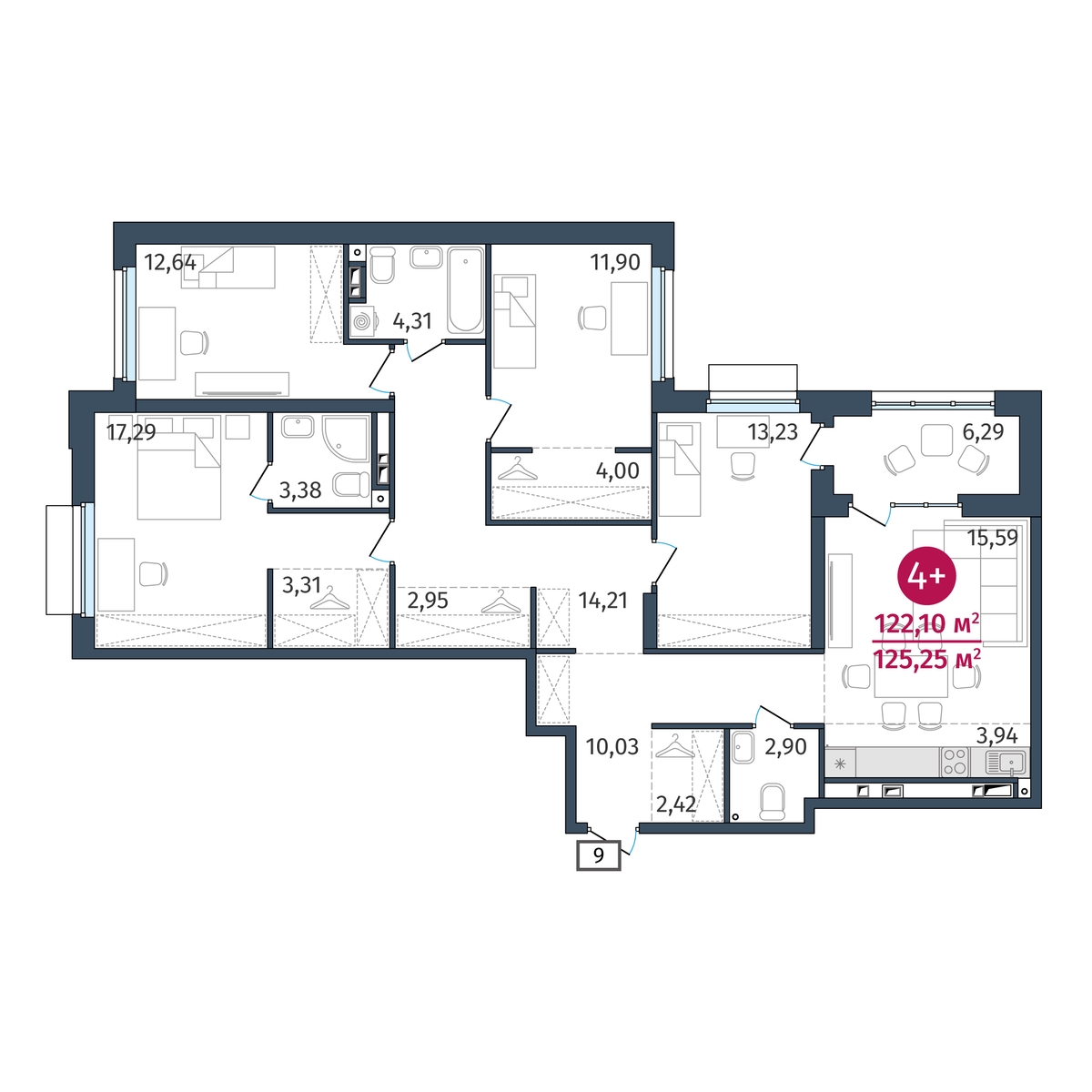 Планировка: 5-комнатная евро 122.1 м² в ЖК Этика, 5-й Заречный