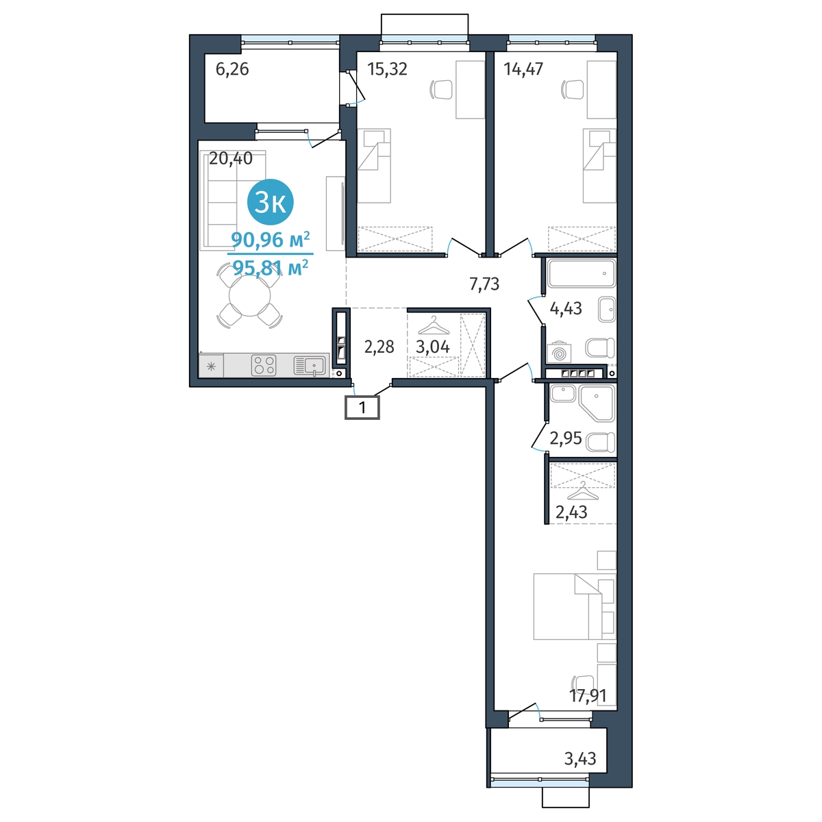 Планировка: 3-комнатная 91 м² в ЖК Этика, 5-й Заречный