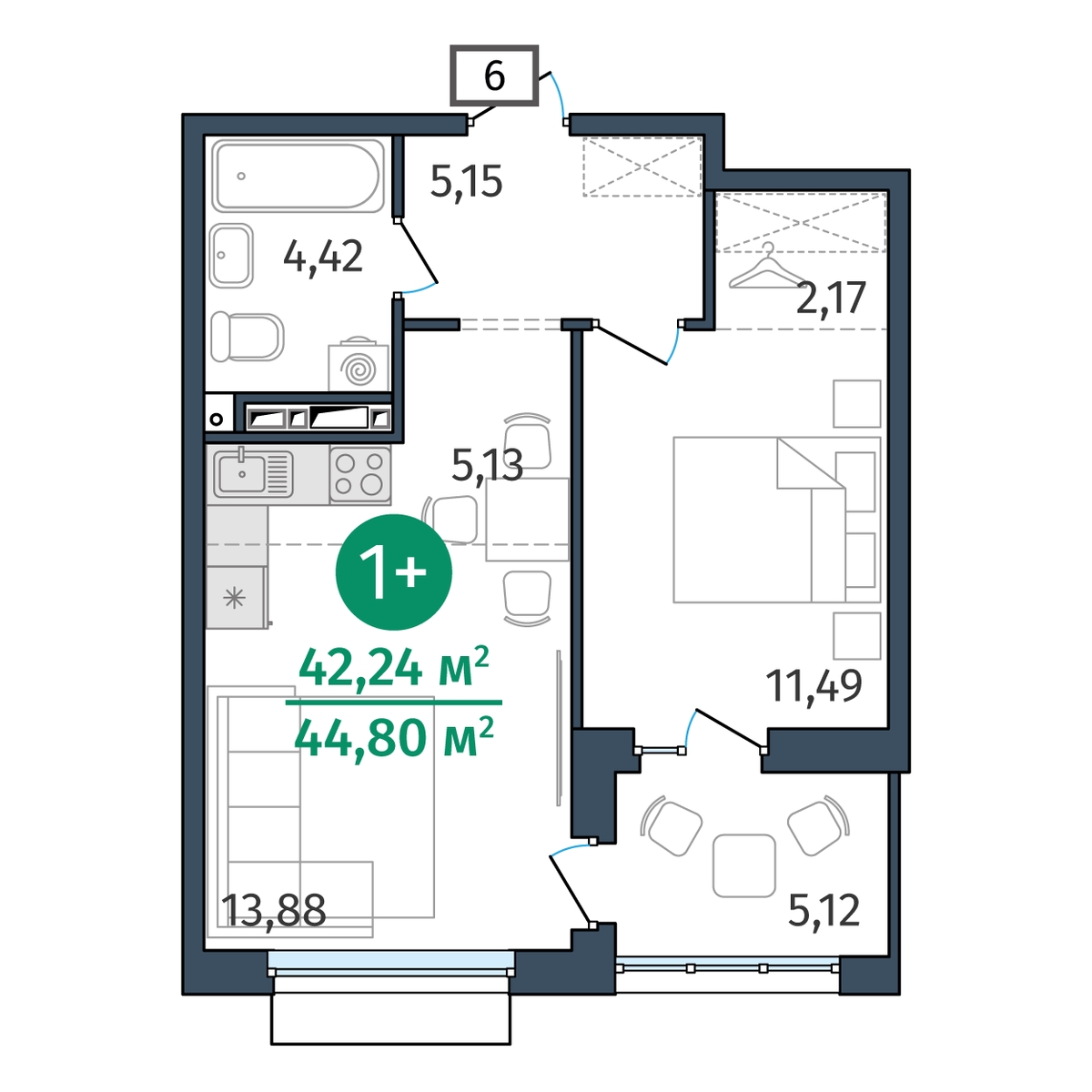 Планировка: Евродвушка 42.2 м² в ЖК Этика, 5-й Заречный