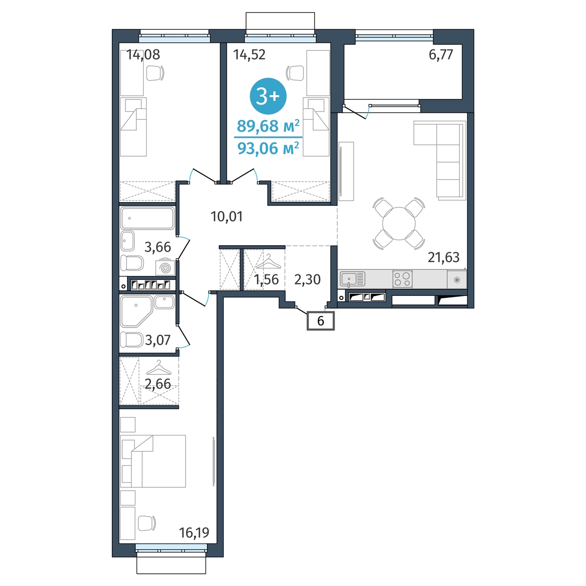 Планировка: 4-комнатная евро 89.7 м² в ЖК Этика, 5-й Заречный