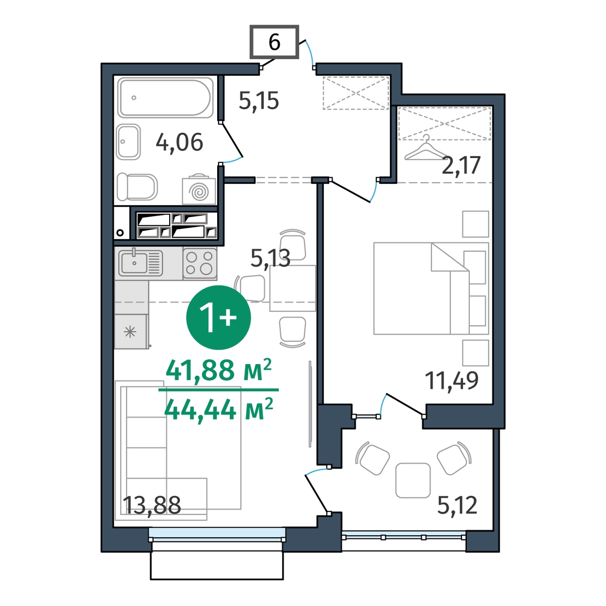 Планировка: Евродвушка 41.9 м² в ЖК Этика, 5-й Заречный