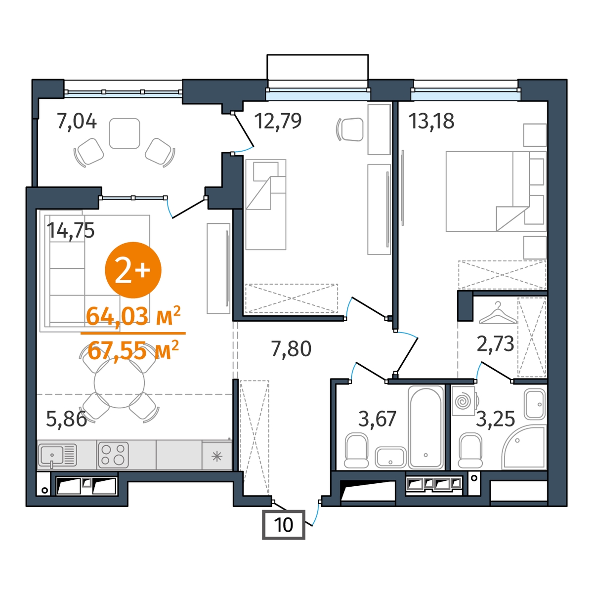 Планировка: Евротрешка 64 м² в ЖК Этика, 5-й Заречный