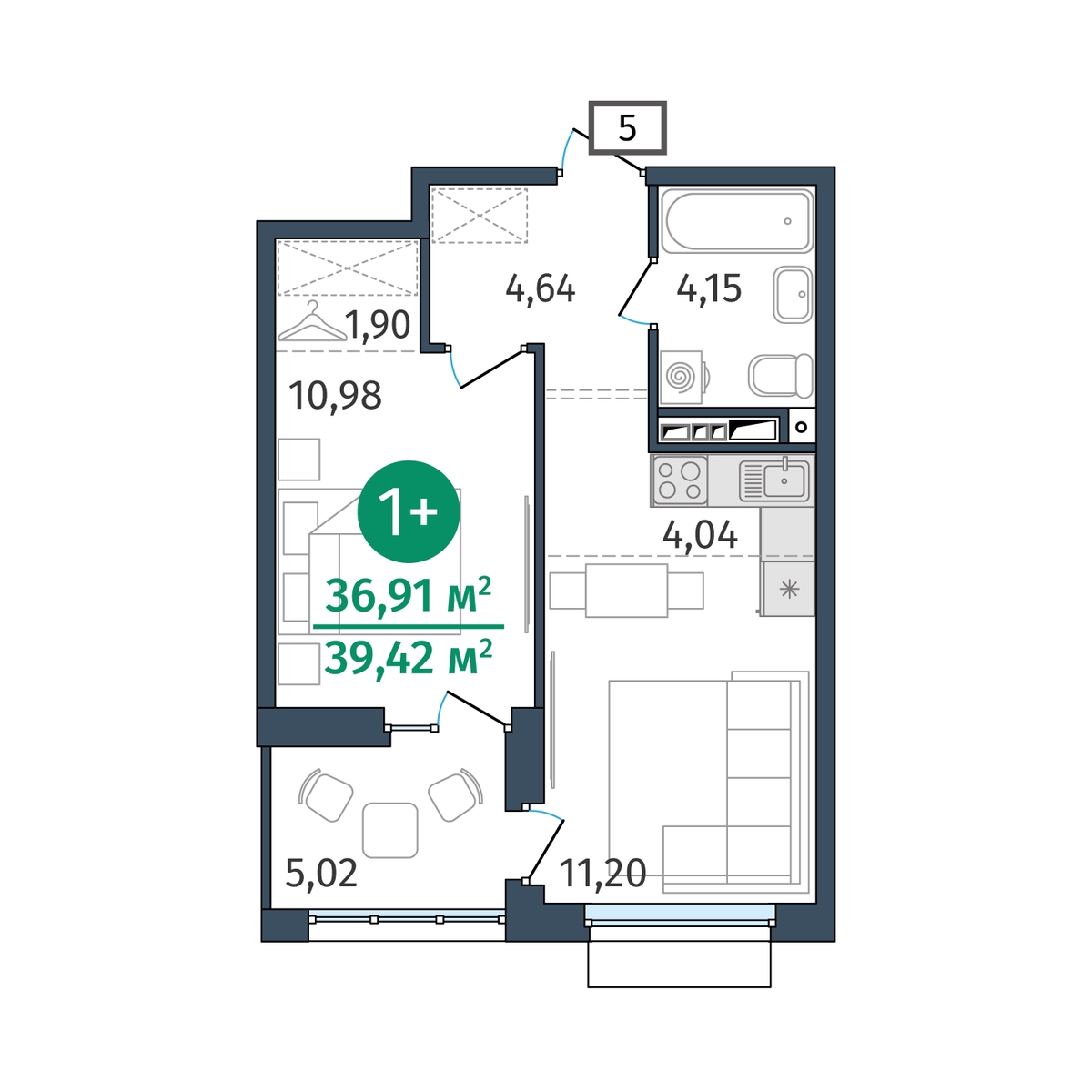 Планировка: Евродвушка 36.9 м² в ЖК Этика, 5-й Заречный
