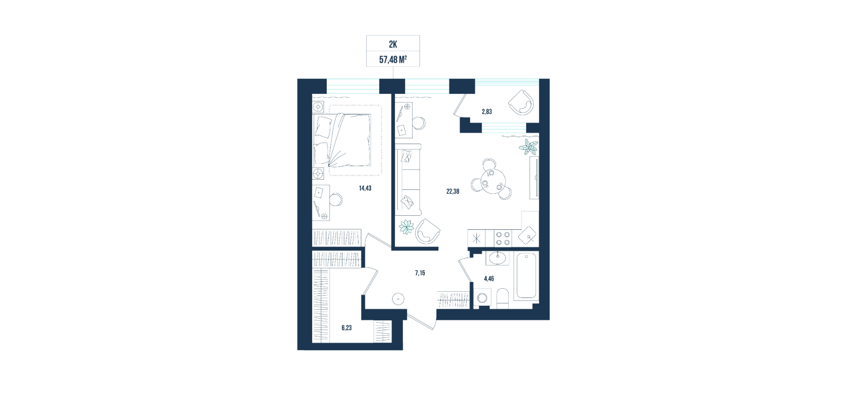 Планировка: Евродвушка 57.5 м² в ЖК Смородина, Мелиораторов