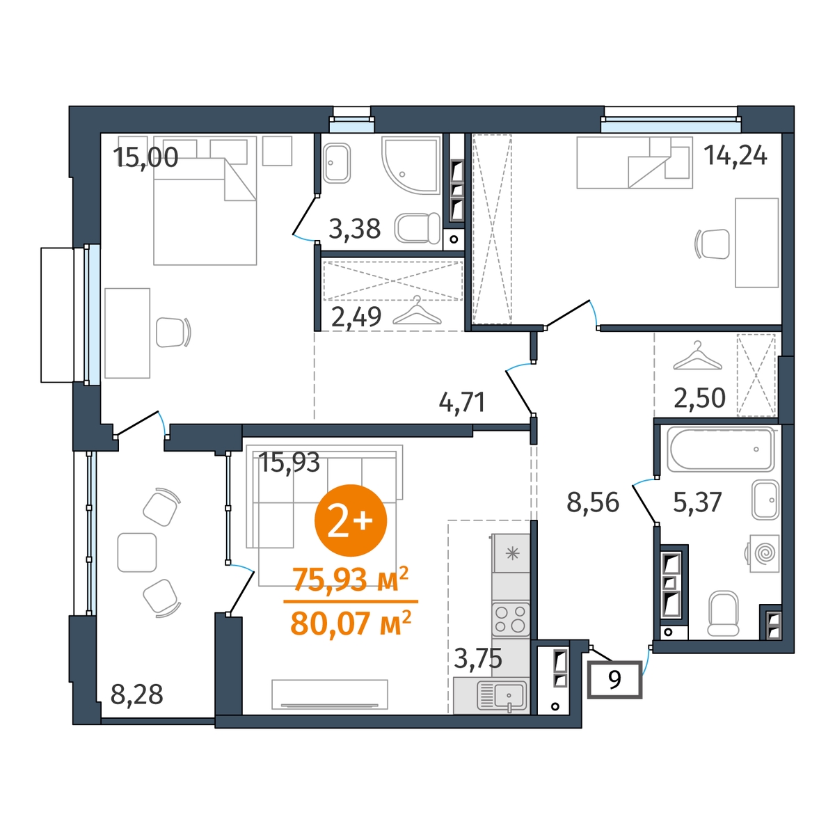 Планировка: Евротрешка 75.9 м² в ЖК Этика, 5-й Заречный