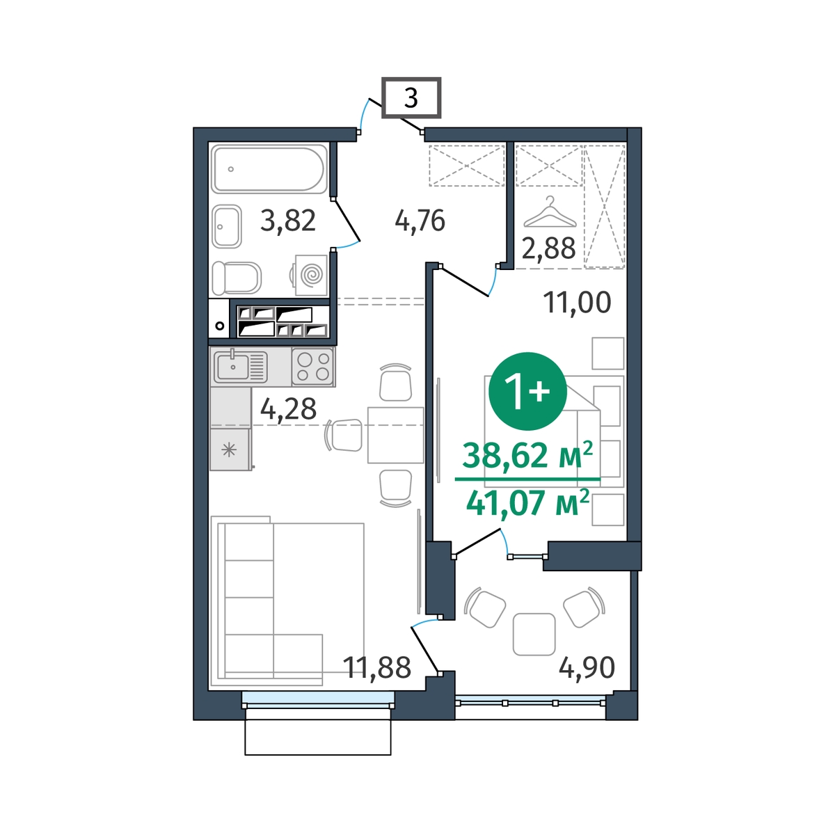 Планировка: Евродвушка 38.6 м² в ЖК Этика, 5-й Заречный