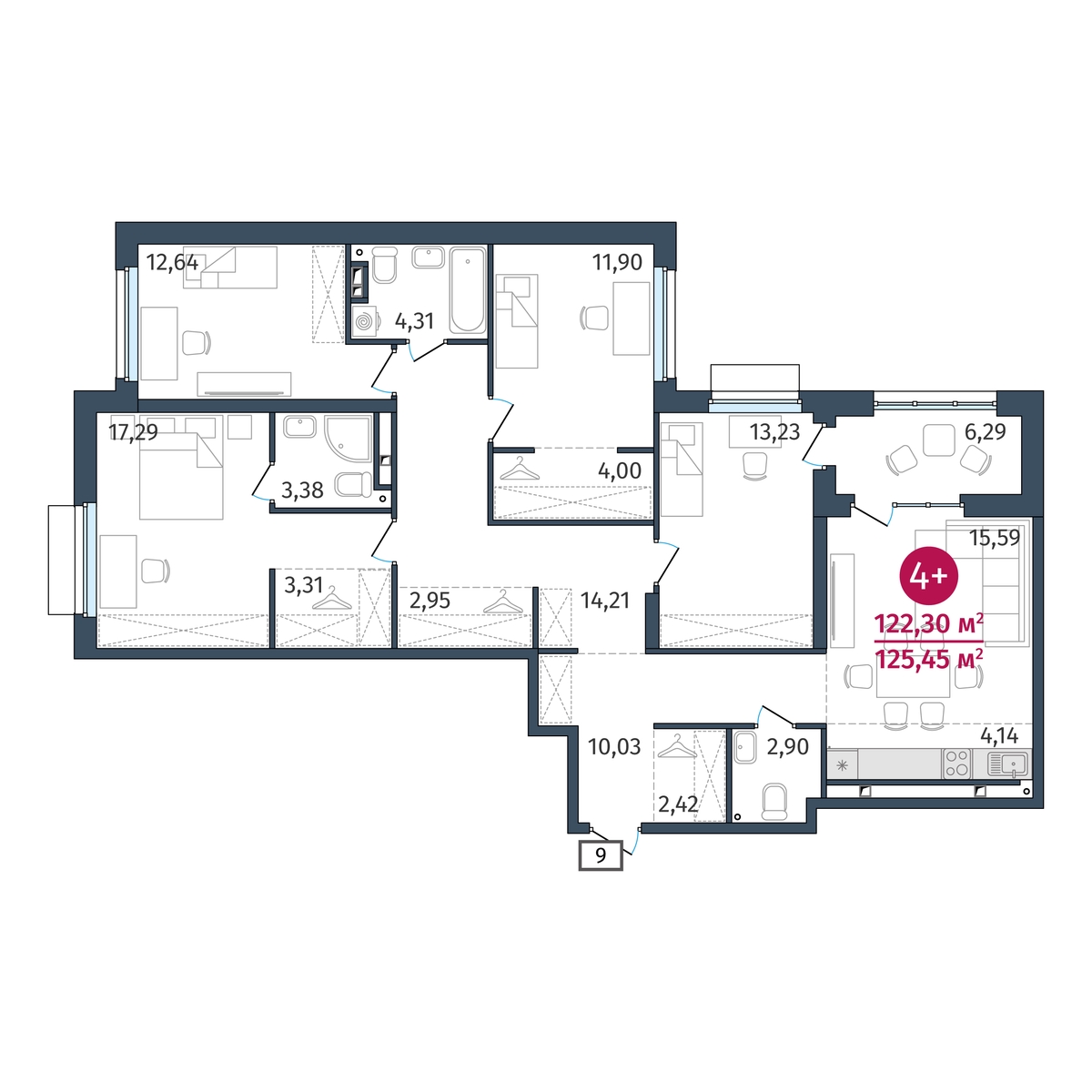Планировка: 5-комнатная евро 122.3 м² в ЖК Этика, 5-й Заречный