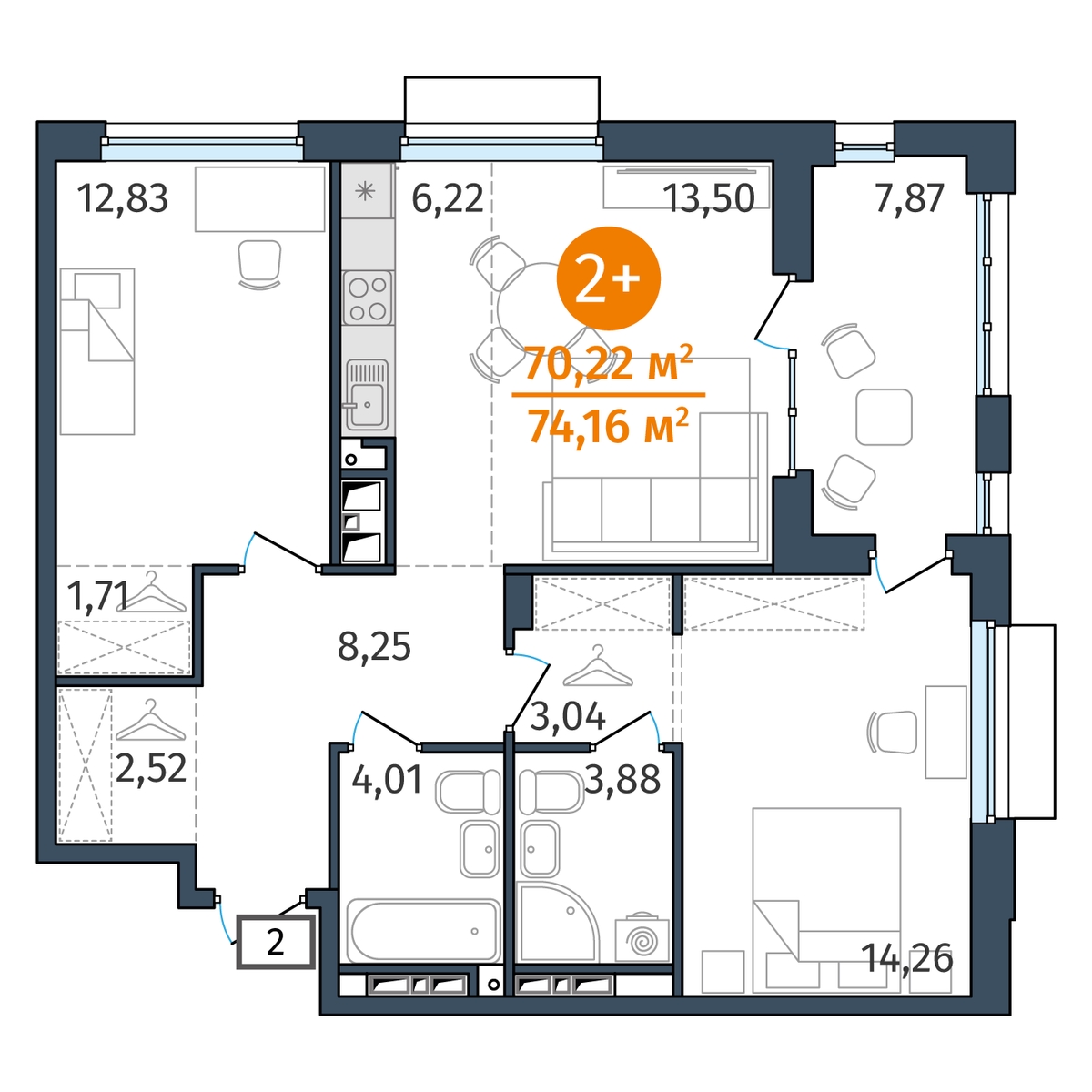 Планировка: Евротрешка 70.2 м² в ЖК Этика, 5-й Заречный