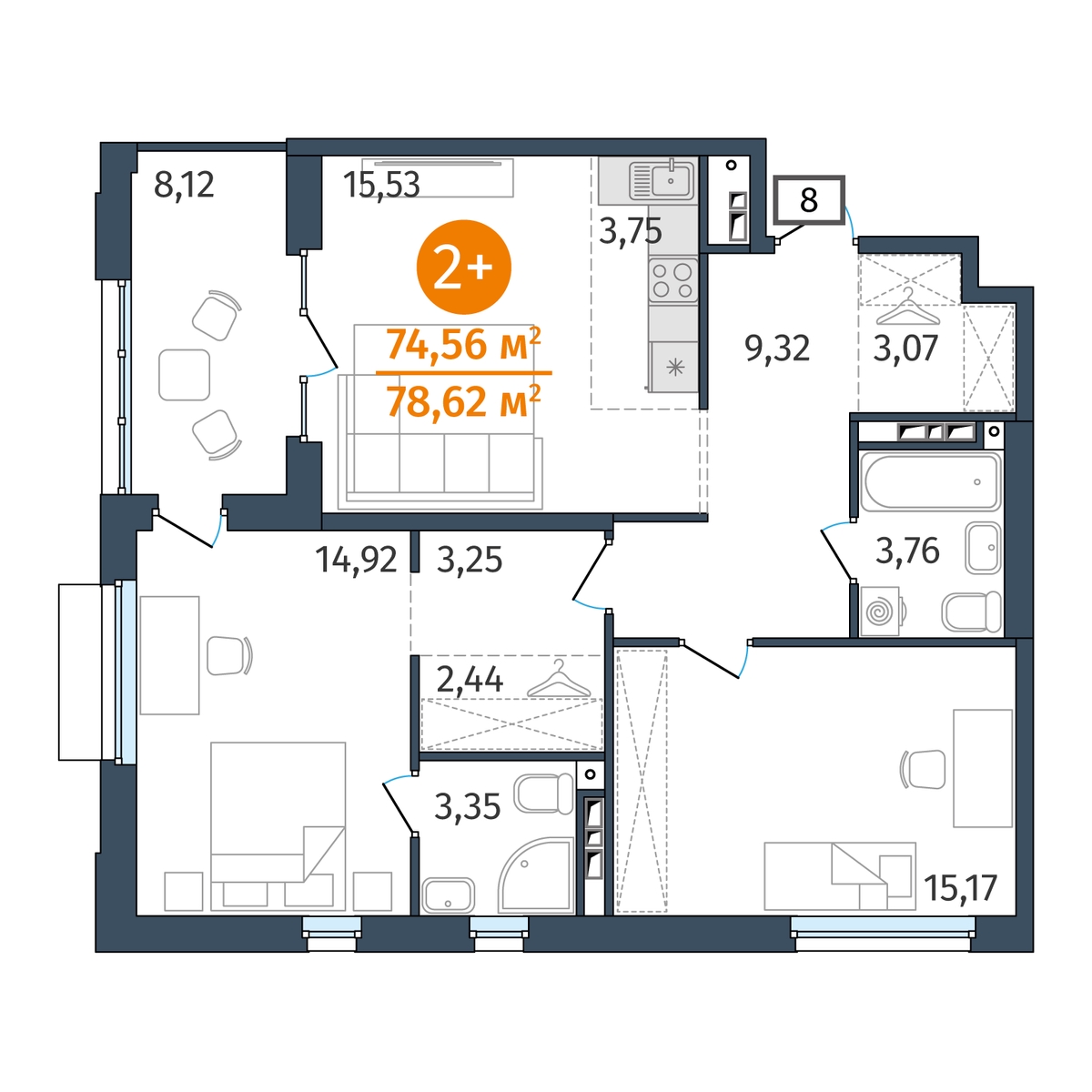 Планировка: Евротрешка 74.6 м² в ЖК Этика, 5-й Заречный