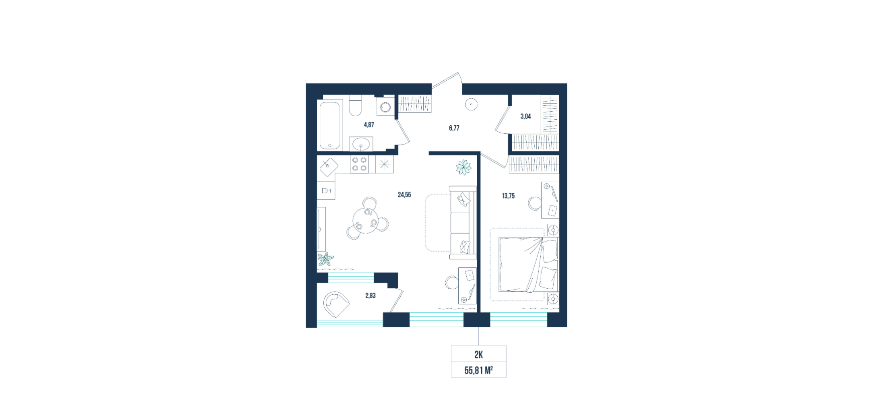 Планировка: Евродвушка 55.8 м² в ЖК Смородина, Мелиораторов