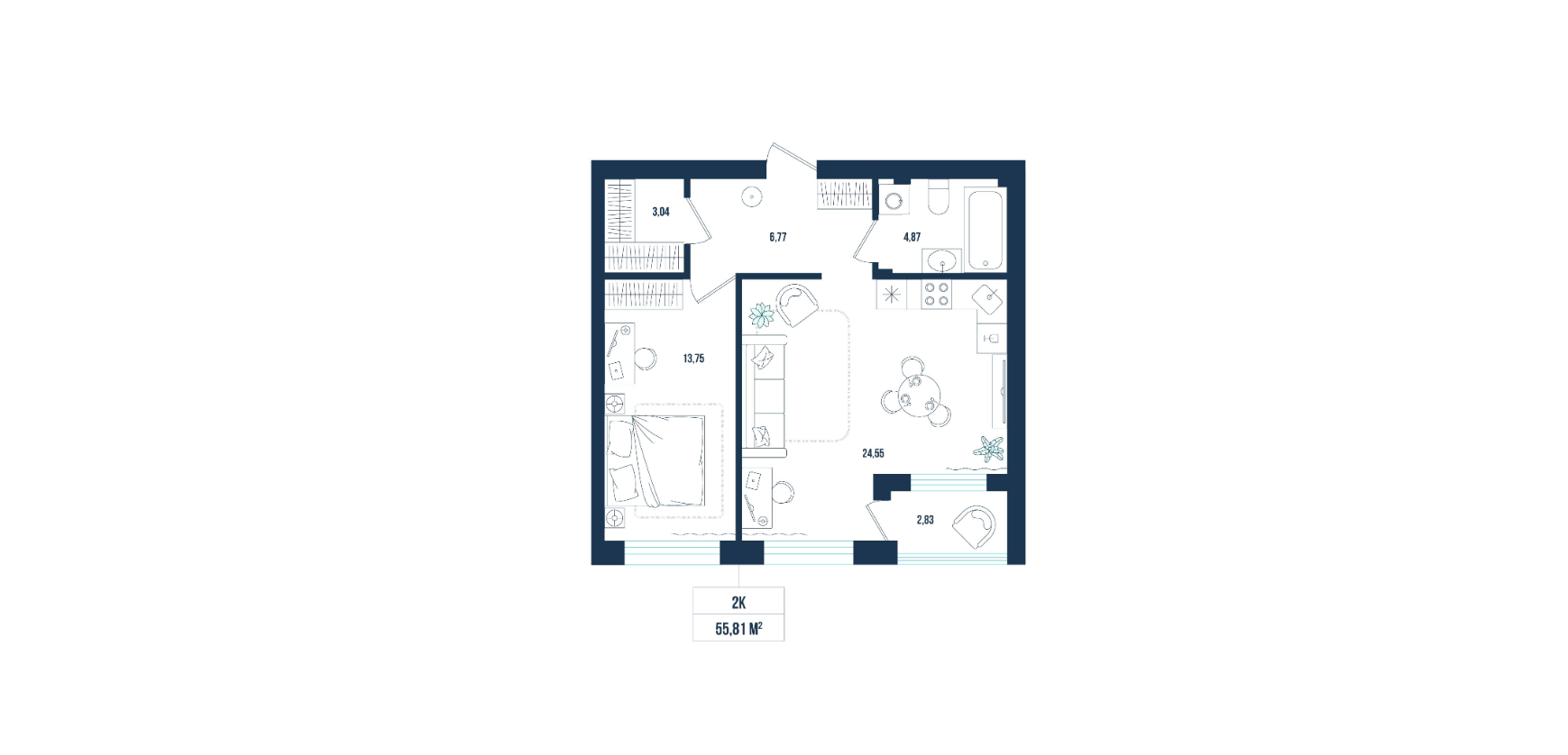 Планировка: Евродвушка 55.8 м² в ЖК Смородина, Мелиораторов