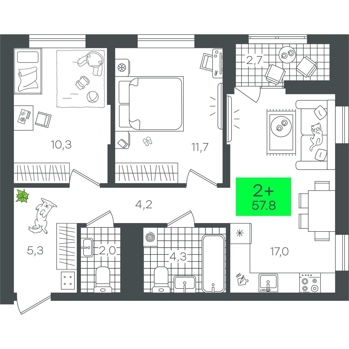 Планировка: 2-комнатная 57.8 м² в ЖК Гранд Квартал, Комарово Парк