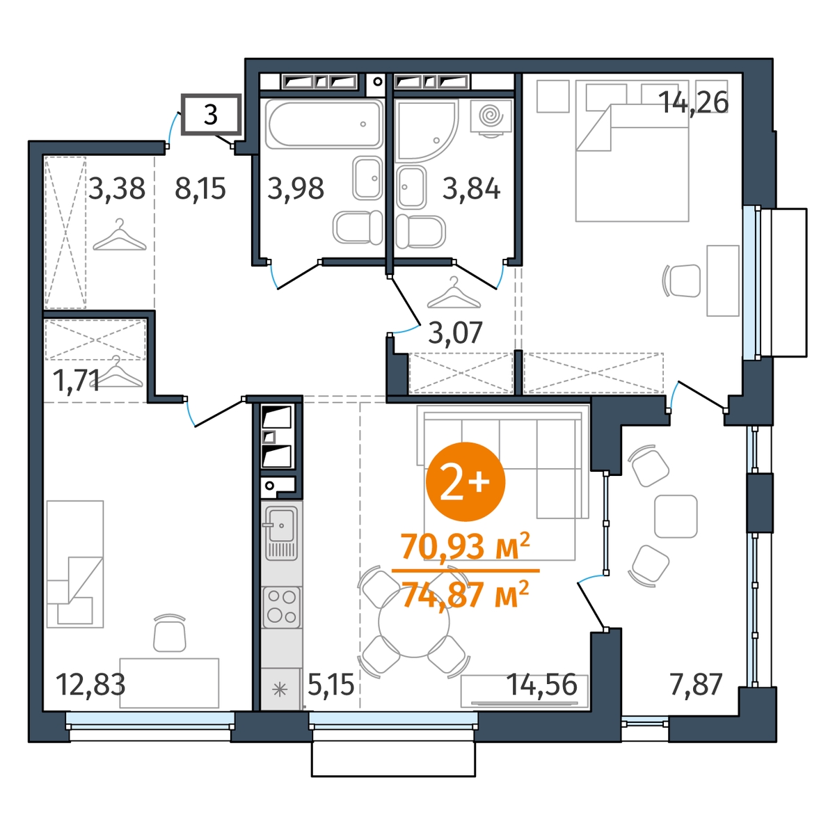 Планировка: Евротрешка 70.9 м² в ЖК Этика, 5-й Заречный