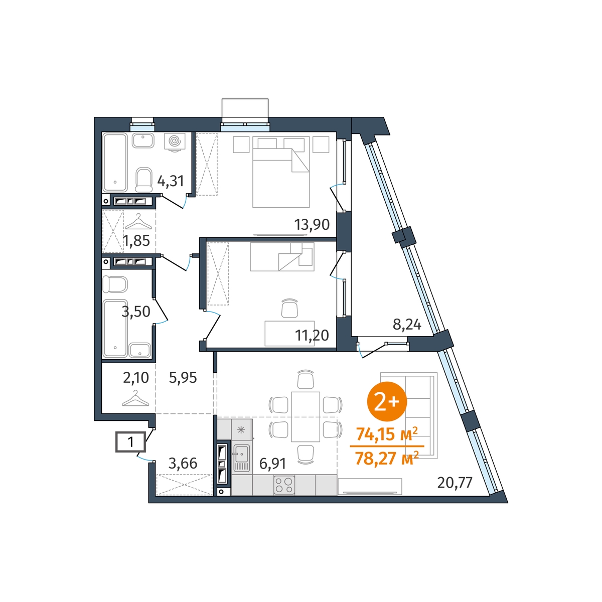 Планировка: Евротрешка 74.2 м² в ЖК Этика, 5-й Заречный