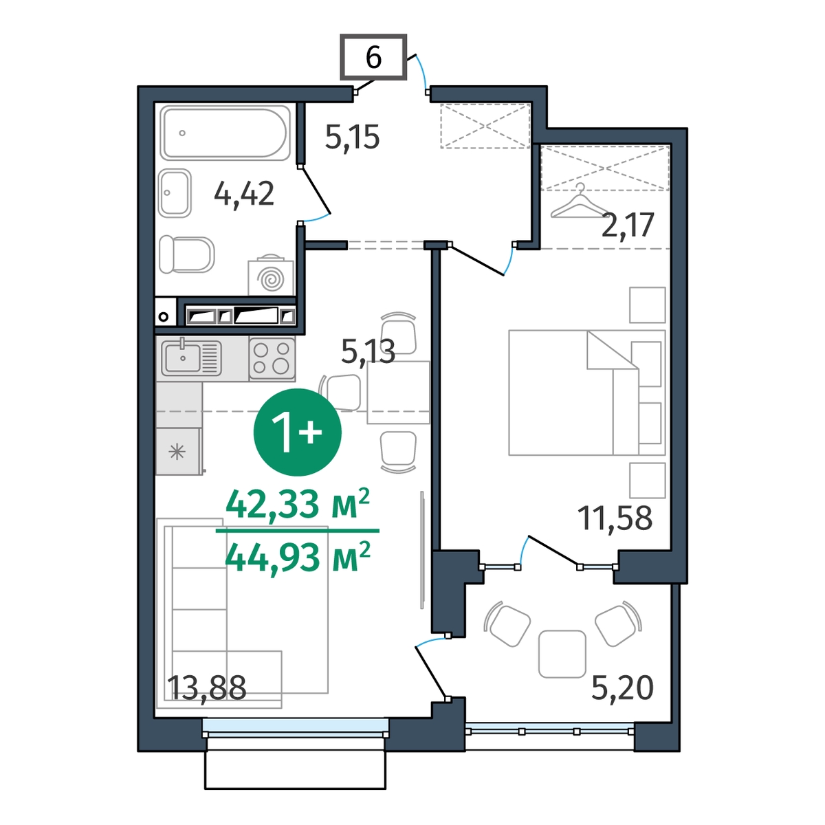 Планировка: Евродвушка 42.3 м² в ЖК Этика, 5-й Заречный