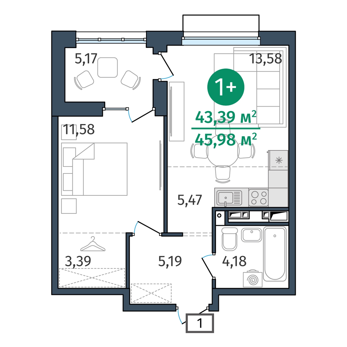 Планировка: Евродвушка 43.4 м² в ЖК Этика, 5-й Заречный