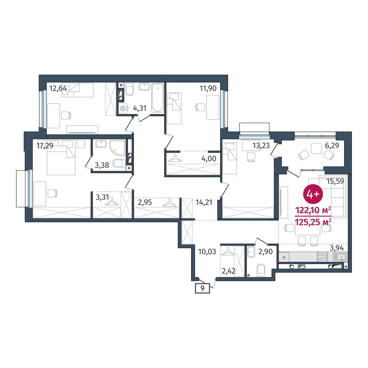 Планировка: 5-комнатная евро 125.2 м² в ЖК Этика, 5-й Заречный