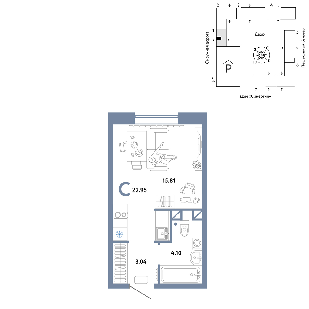 Планировка: Студия 22.9 м² в ЖК Юнион, Плеханово