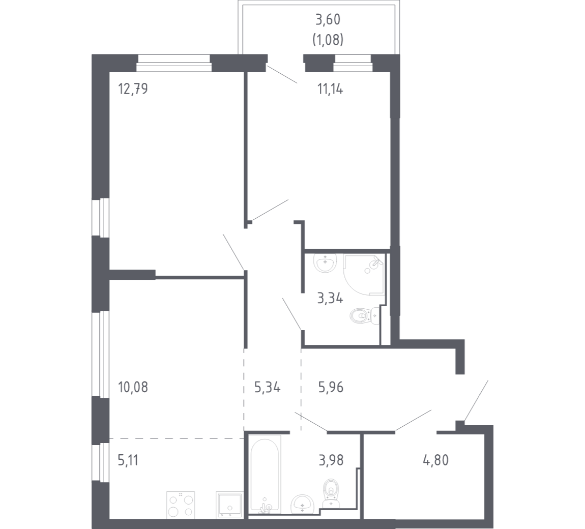 Планировка: Евротрешка 63.6 м² в ЖК Чаркова 72, Мыс