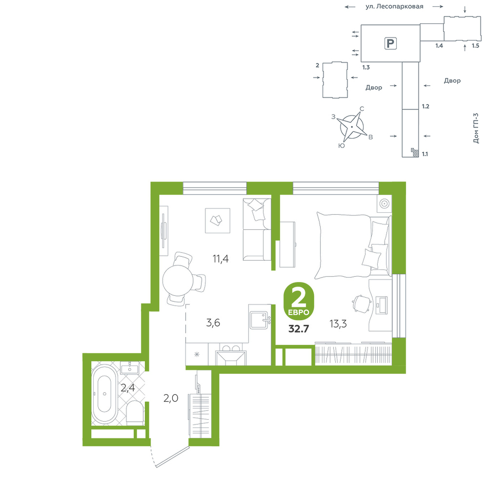 Планировка: Евродвушка 32.7 м² в ЖК Чистые пруды, Лесобаза: Тура