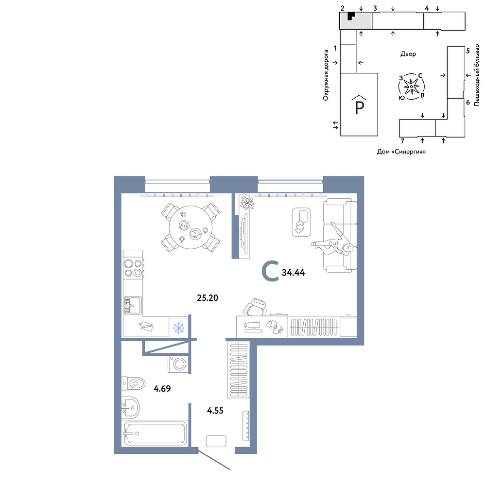 Планировка: Студия 34.4 м² в ЖК Юнион, Плеханово