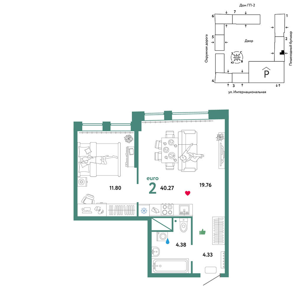Планировка: Евродвушка 40.3 м² в ЖК Юнион, Плеханово