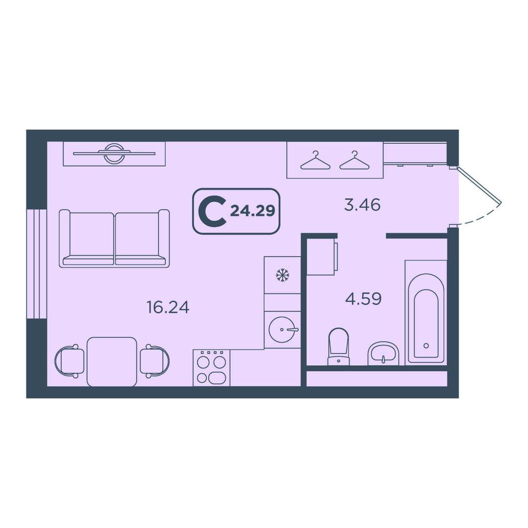 Планировка: Студия 24.3 м² в ЖК Континент, Червишевский тракт