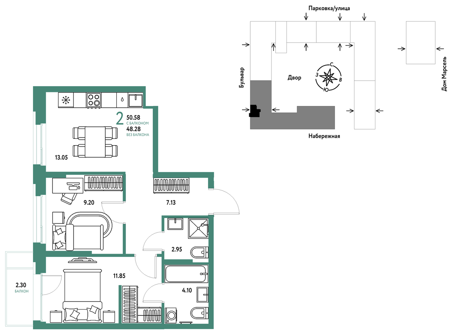 Планировка: Евротрешка 50.6 м² в ЖК Европейский берег 2.0, Европейский