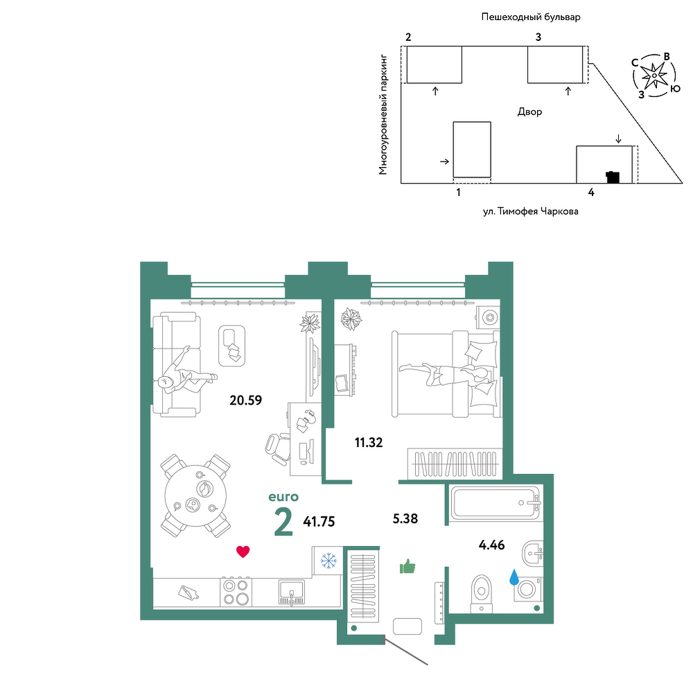 Планировка: Евродвушка 41.8 м² в ЖК Звёздный, Мыс