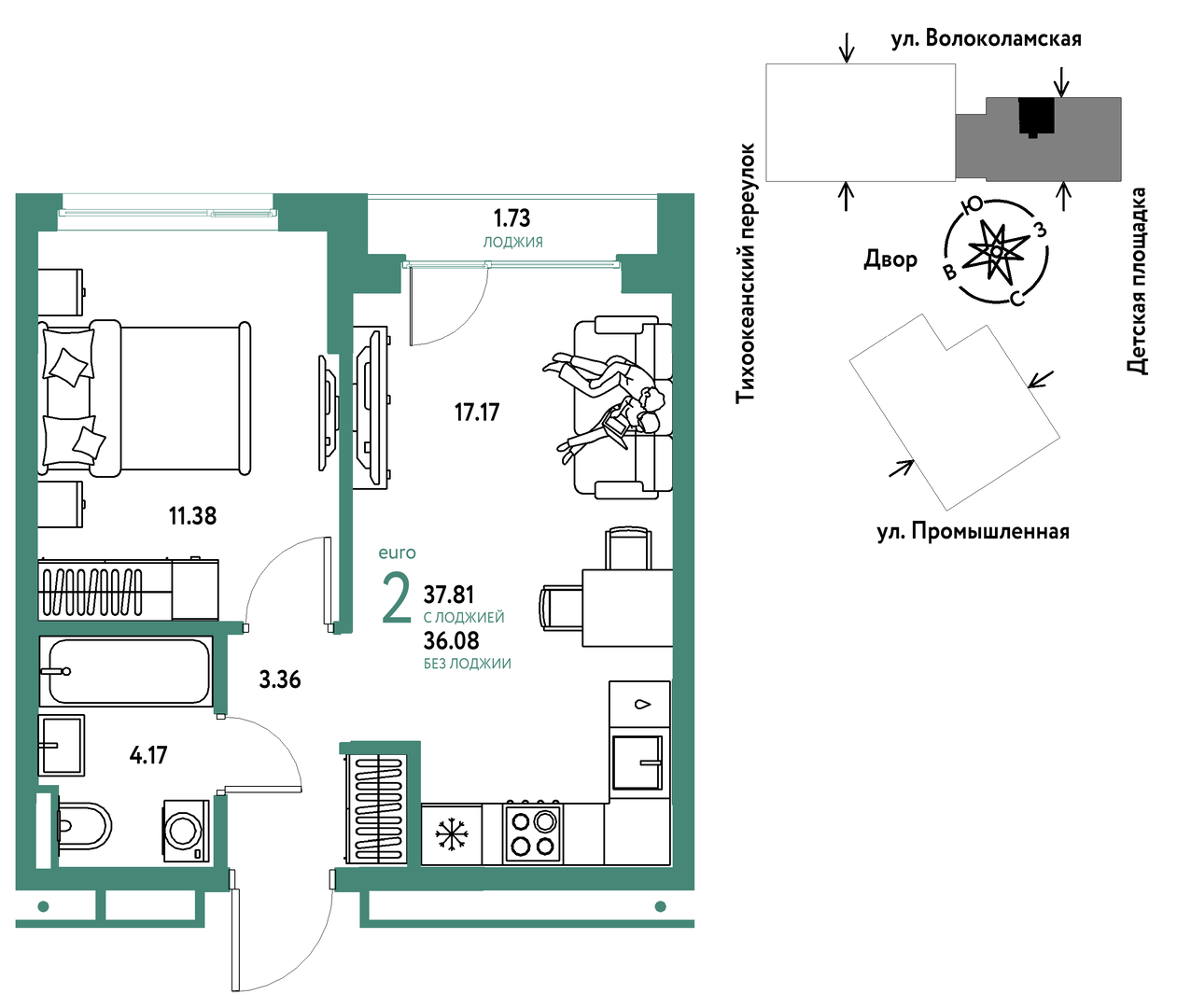 Планировка: 1-комнатная 37.8 м² в ЖК Страна. Прибрежная, Центр: Студгородок