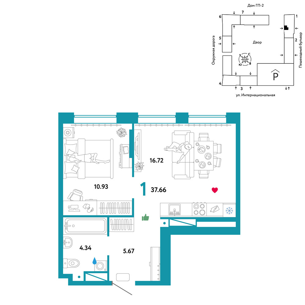 Планировка: Евродвушка 37.7 м² в ЖК Юнион, Плеханово