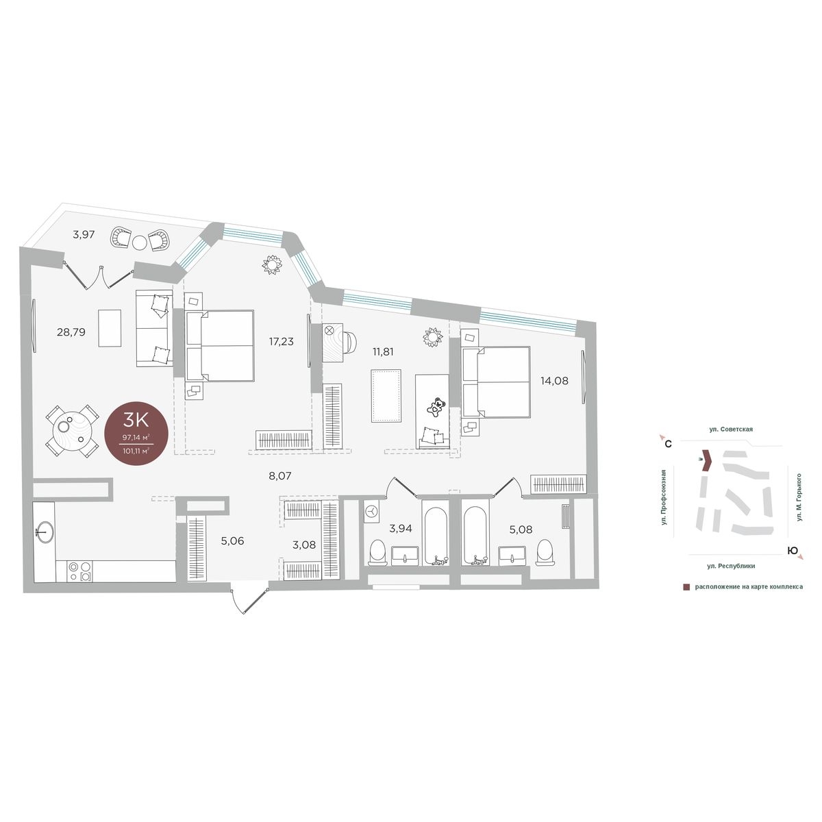 Планировка: 4-комнатная евро 97.1 м² в ЖК Авторский квартал "Машаров", Центр: Драмтеатр