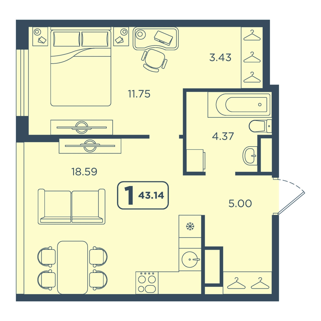 Планировка: Евродвушка 43.1 м² в ЖК Континент, Червишевский тракт