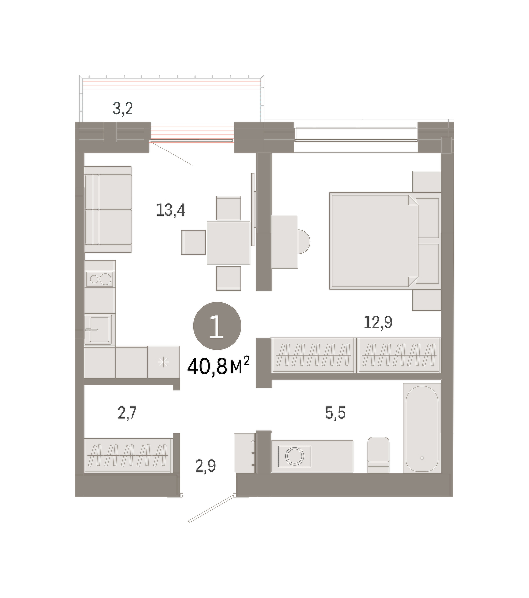 Планировка: Евродвушка 40.8 м² в ЖК Речной порт, Центр: Дом печати