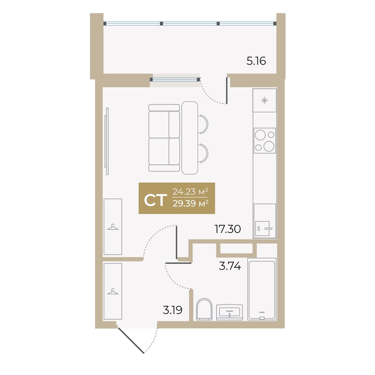 Планировка: Студия 24.2 м² в ЖК Спутник-2, Мыс