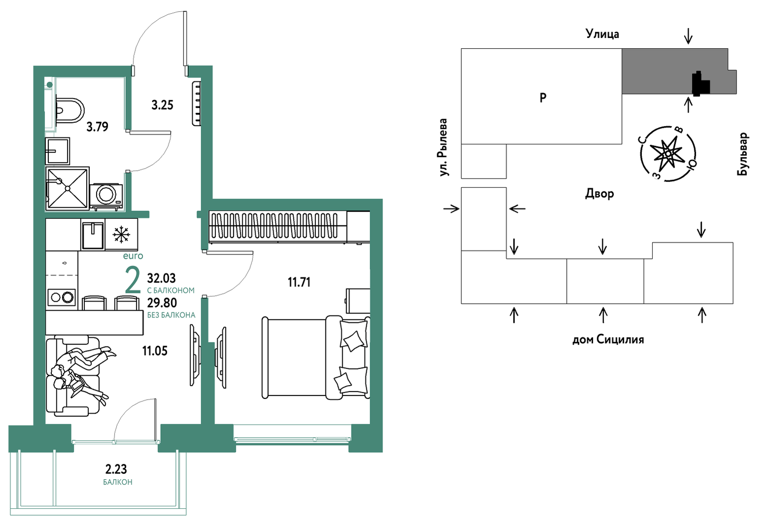 Планировка: 1-комнатная 32 м² в ЖК Остров-сад, ДОК