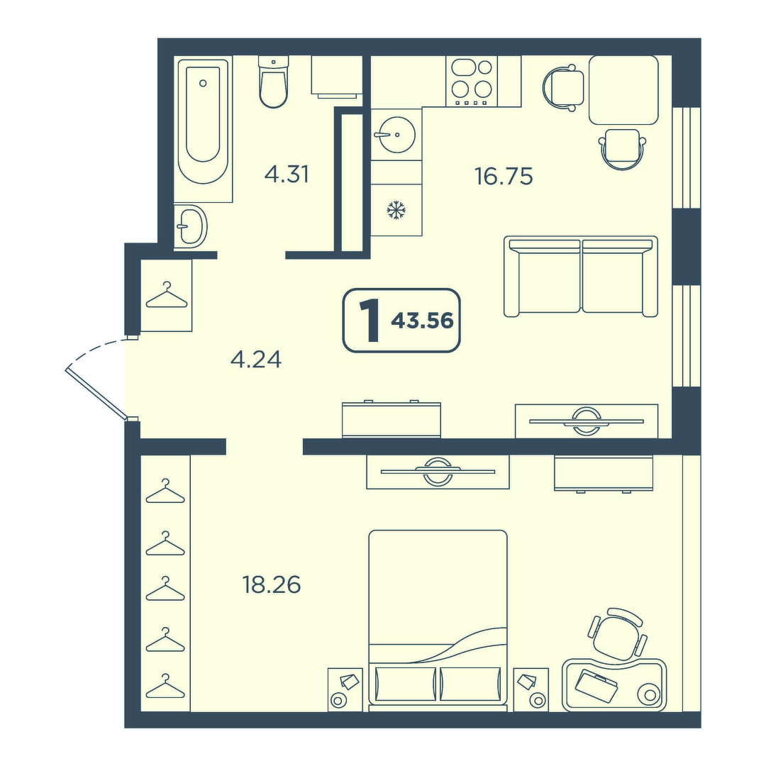 Планировка: Евродвушка 43.6 м² в ЖК Континент, Червишевский тракт