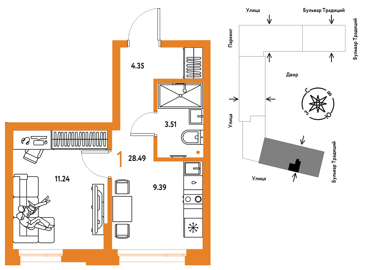 Планировка: 1-комнатная 28.5 м² в ЖК Домашний, Плеханово
