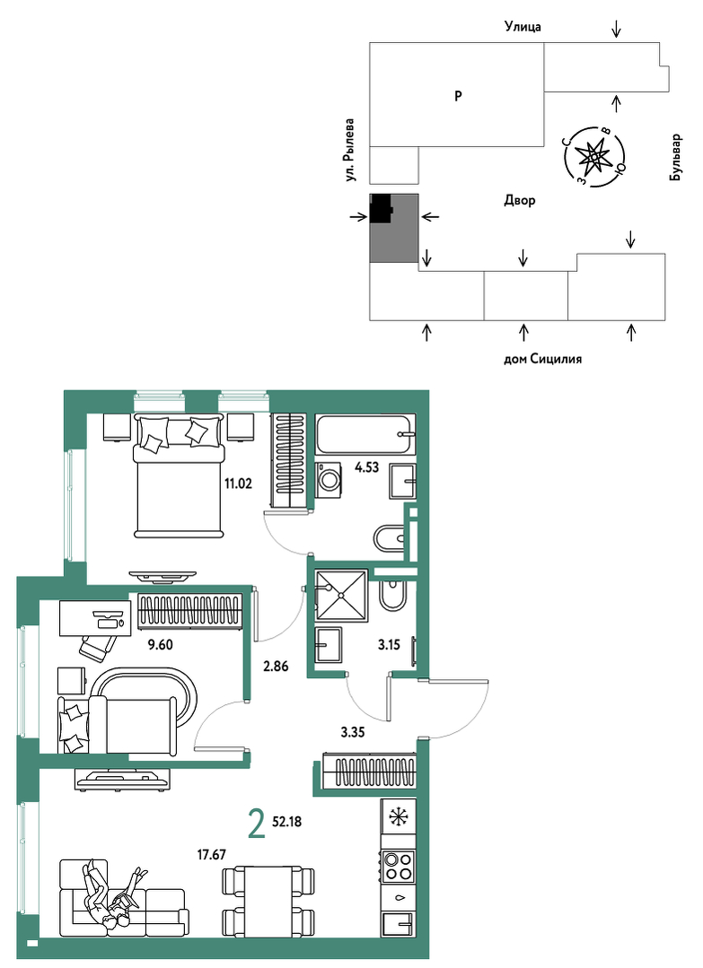 Планировка: Евротрешка 52.2 м² в ЖК Остров-сад, ДОК