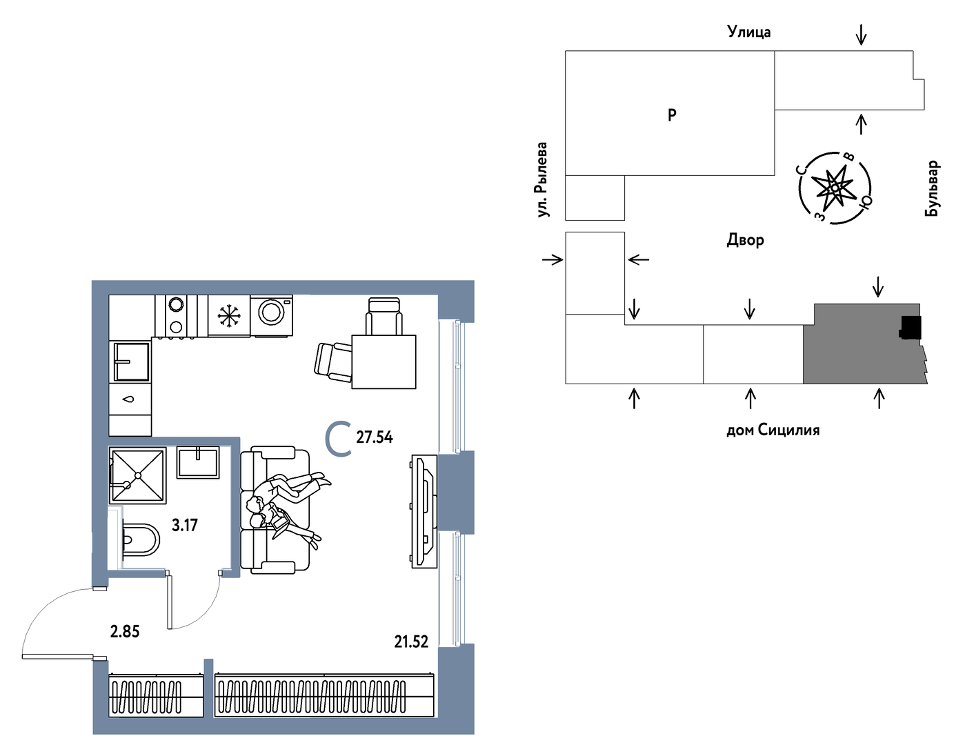 Планировка: Студия 27.5 м² в ЖК Остров-сад, ДОК