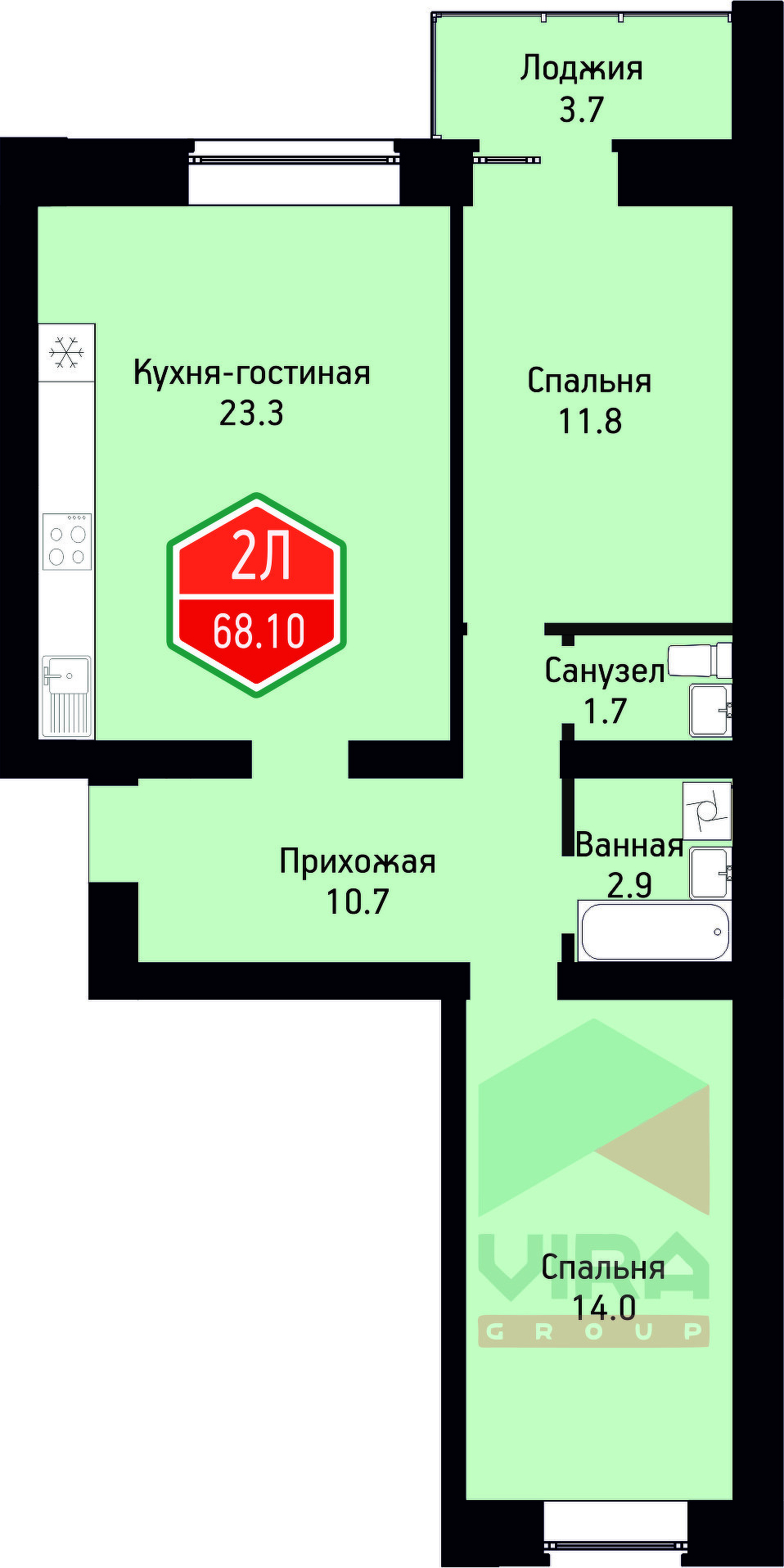 Планировка: Евротрешка 68.1 м² в ЖК На Ватутина, Ватутина