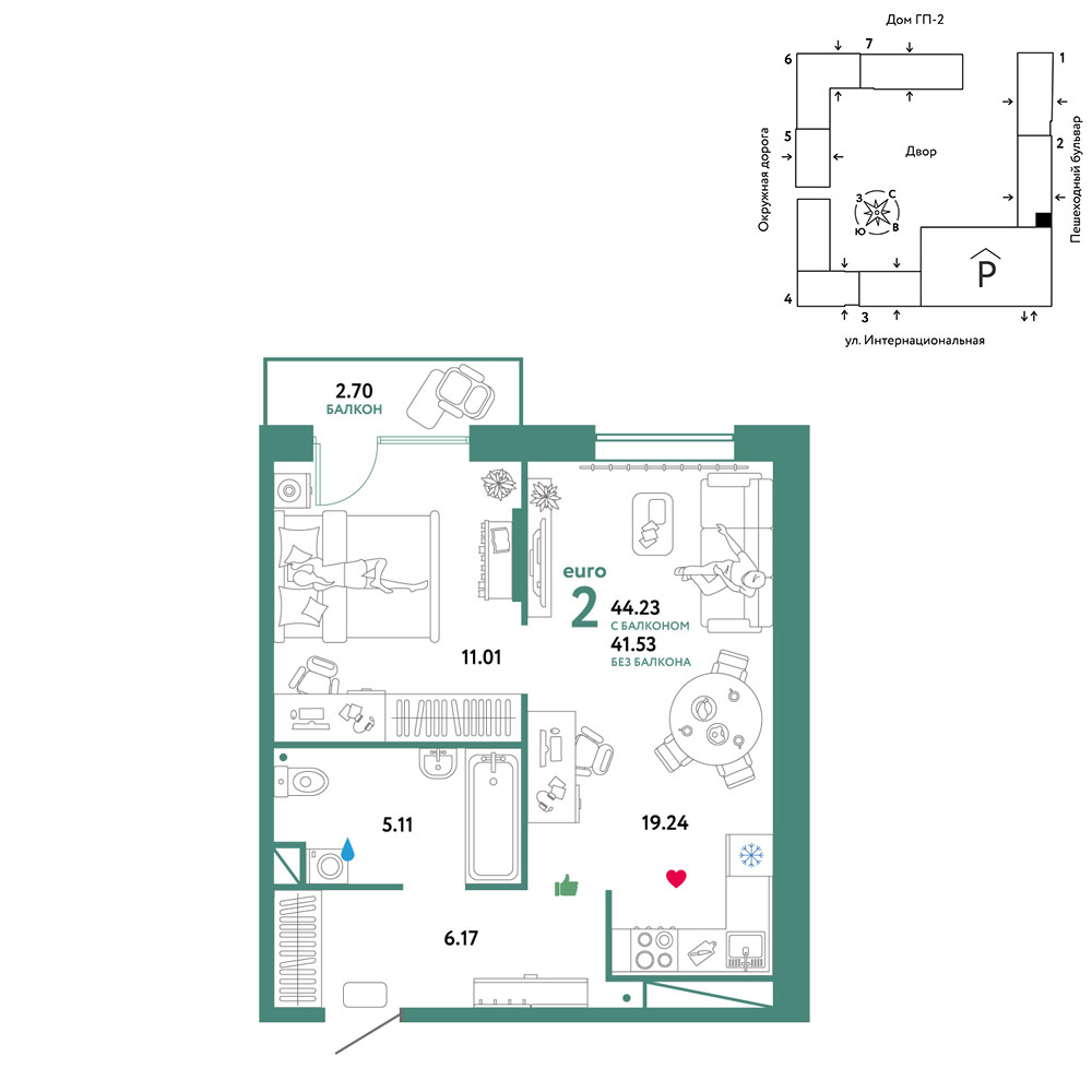 Планировка: Евродвушка 44.2 м² в ЖК Юнион, Плеханово
