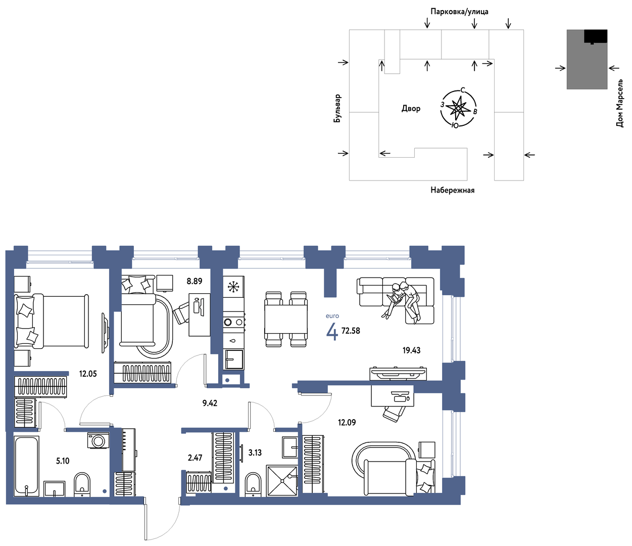 Планировка: 4-комнатная евро 72.6 м² в ЖК Европейский берег 2.0, Европейский
