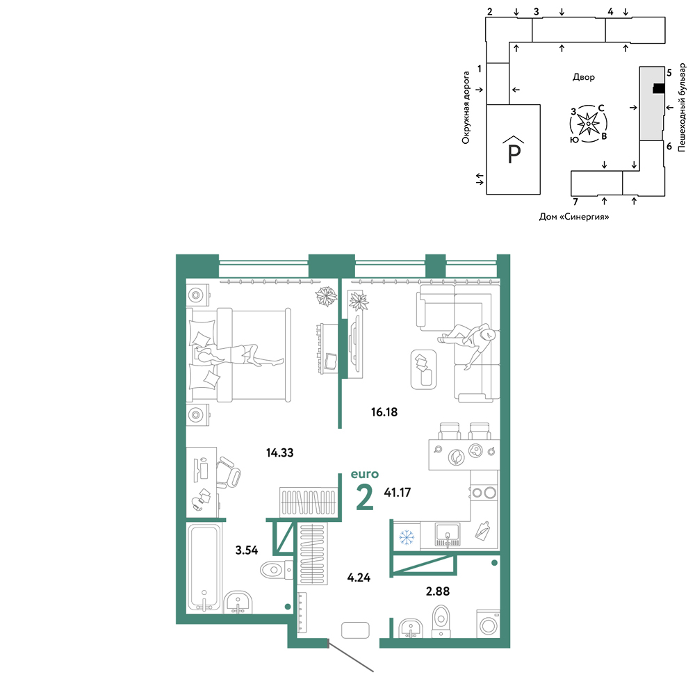 Планировка: Евродвушка 41.2 м² в ЖК Юнион, Плеханово